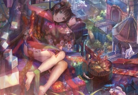 watery - building, girl, female, magic, magical, anime girl, fantasy, coral, turtle, fish, anime, animal, yukata, house, kimono