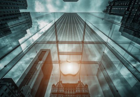 the apple store in the big apple - glass, reflection, store, clouds, skyscrapers