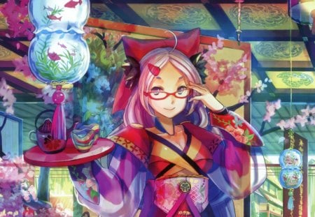 tea time - anime, anime girl, female, hot, girl, beauty, tea, teapot, sweet, lantern, glasses, cute, sexy