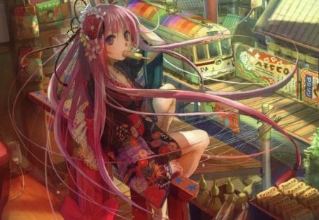 the shop - female, hot, anime girl, train, view, anime, house, kimono, cute, scene, ice cream, sexy, building, girl, scenic, long hair, pink hair, shop, vehicle, traansport, scenery, bus, yukata