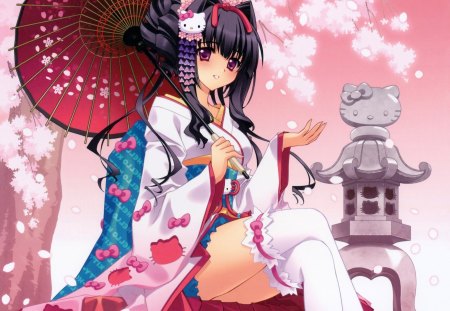 Hello Kitty - pretty, anime, female, blossom, dress, pink, japan, umbrella, nice, anime girl, beautiful, hot, girl, beauty, kimono, sweet, flower, petals, yukata, hello kitty, cute, sexy, japanese