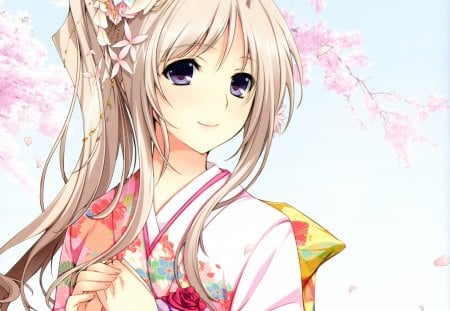 pink sakura - anime, anime girl, female, sakura, blossom, dress, girl, kimono, flower, pink, yukata, sweet, bloom, cute