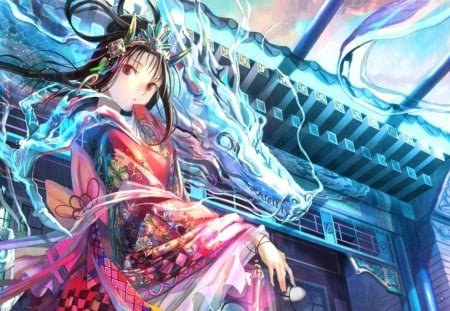 dragon guardian - sexy, hot, girl, female, magic, magical, long hair, water, anime girl, fantasy, anime, dragon, yukata, kimono, cute