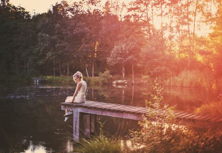 i remember... - women, trees, alone, lake, bridge