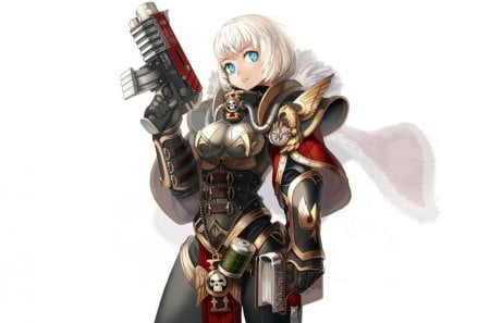 Inquisition - anime, warrior, blue, book, eyes, armor, red, short, hot, gun, girl, cape, inquisition, future, hair, white, cute, sexy