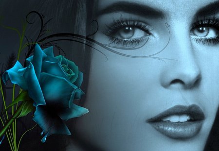 Blue rose - face, flower, mirror, pretty, beautiful, girl, magic, splendor, blue rose, colors