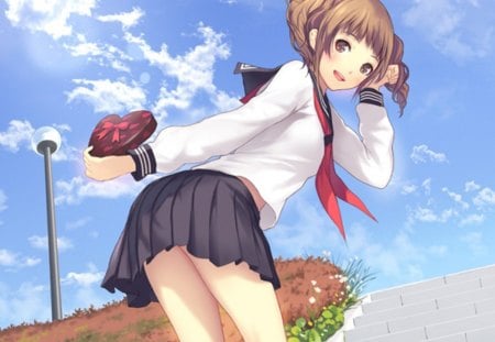 chocolate - snack, anime, anime girl, female, skirt, hot, food, girl, chocolate, staircase, cloud, cute, stair, sexy, sky