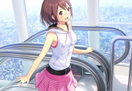 escalator - skirt, female, girl, anime girl, escalator, stair, staircase, anime, sweet, short hair, cute