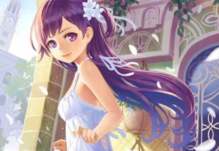 purple hair - anime, anime girl, female, blossom, hot, dress, girl, flower, petals, long hair, cute, sexy