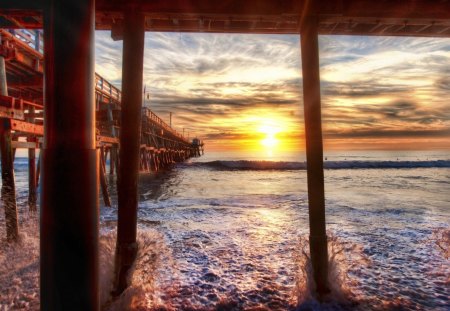 under the boardwalk, by the pier hdr - beach, pier, sunset, sea, hdr