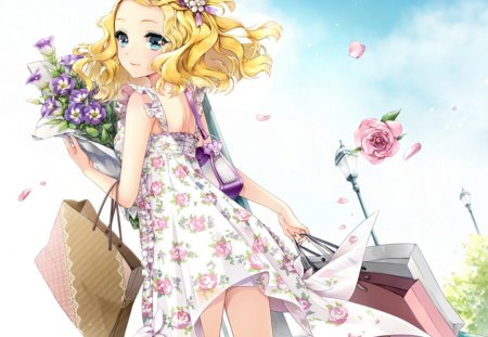 back from shopping - roses, anime, female, blossom, dress, blonde, bag, long hair, shop, anime girl, hot, girl, flower, petals, bouquet, bloom, rose, cute, sexy