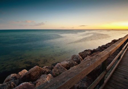 bordwalk at the york peninsula australia - boardwalk, sundown, rocks, sea