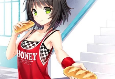 let's share - female, girl, shirt, anime girl, sport, stair, staircase, anime, bread, food, cute, short hair