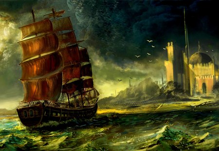 SAILING on ROUGH SEA - ship, city, dome, sea, sailboat, art