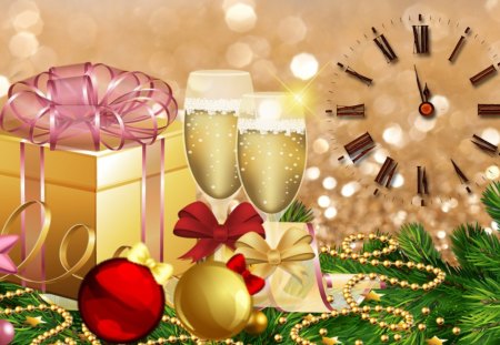 Celebrate in Style - balls, beads, clock, new years, christmas, feliz navidad, 2013, champagne, time, decorations, gift