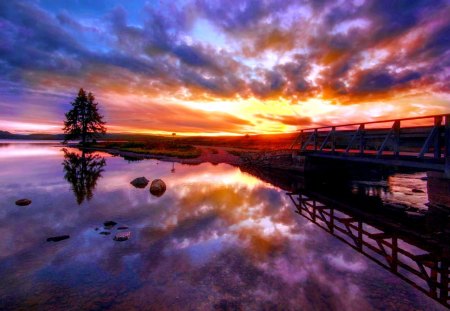 EVENING BEAUTY - river, sunset, tree, bridge