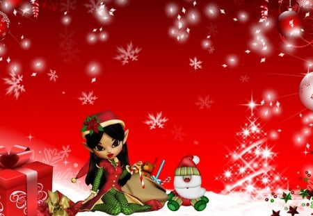 Christmas Fairy - elf, stars, toys, bag, fantasy, sparkle, christmas, balls, santa, decorations, snow, fairy, tree, gifts, feliz navidad