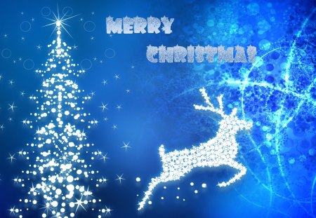 Merry Christmas Blue - sparkle, blue, snow, stars, tree, christmas, feliz navidad, glow, reindeer, shine