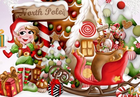 Helping Santa - whimsical, elf, toys, helper, north pole, christmas, sleigh, decorations, gingerbread house, tree, feliz navidad, cute