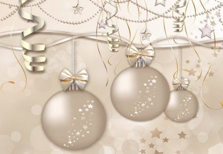 Three Christmas Balls - christmas, feliz navidad, beige, bisque, gold, stars, ecru, ribbons