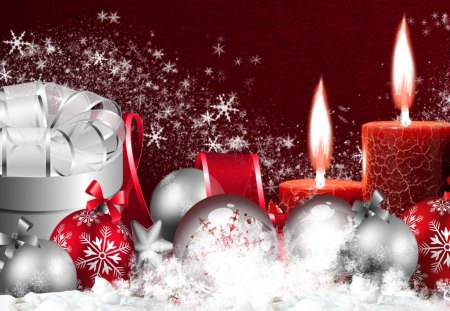 Whisper of Snowflakes - new year, silver shine, ribbons, candles, light, snowflakes, christmas, glow, flame, balls, snow, feliz navidad