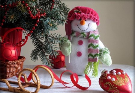 Snowman - hat, heart, toy, still life, white, balls, tree, ribbon, cute, ornaments, snowman, knit, scarf, gloves, christmas, christmas tree, holidays, red, sled