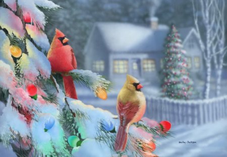 Winter lights - nice, cottage, countryside, colorful, painting, pretty, tree, house, fence, winter, lovely, christmas, cardinals, village, snow, beautiful, snowing, cabin, decoration, lights