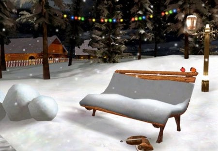 Christmas Eve - holidays, snow, decorations, winter, bench, lights