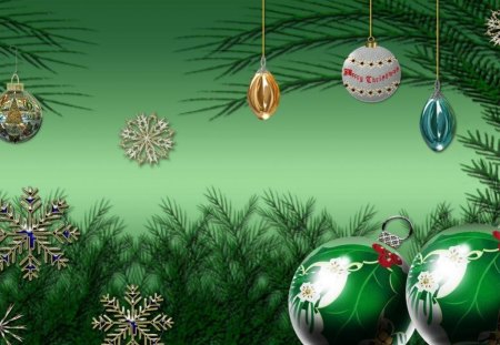 Holiday season - hanging, snowflakes, balls, tree, christmas, holiday, green, ornaments, merry christmas