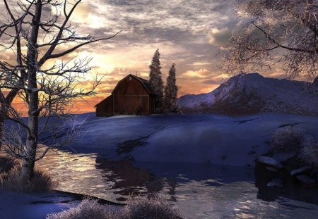 WINTER GLOW - ice, sky, mountain, trees, water, winter, sunset, reflection, snow, clouds, barn