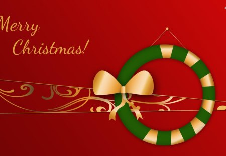 Merry Christmas Wreath - abstract, gold, christmas, wreath, red, green, ribbon, circle, xmas