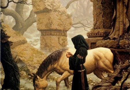 Journey of the Rogue - cloak, dagger, horse, ruins, travel, wasteland, fantasy, rogue