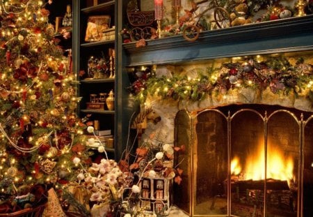 Homefires Burning - christmas tree, presents, decorations, fireplace, tree, fire, christmas