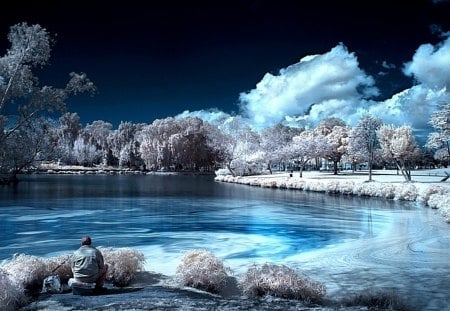 Fishing in The Winter - winter, lake, fishing, snow