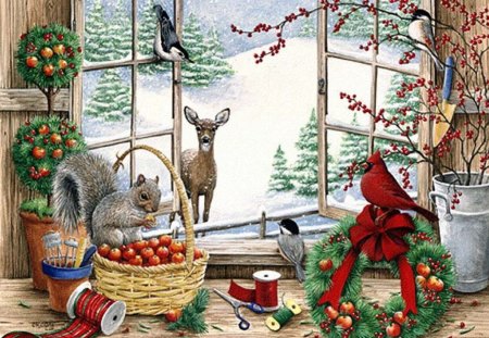 By Kathy Goff - new year, squirrel, kathy goff, deer, bird, christmas, painting, art, window, holiday, animal