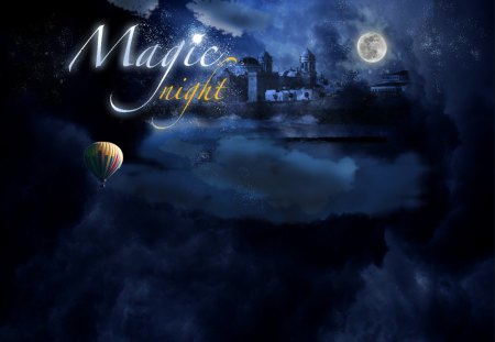 MAGIC NIGHT - moon, sky, stars, clouds, castle, blue, night, air balloon