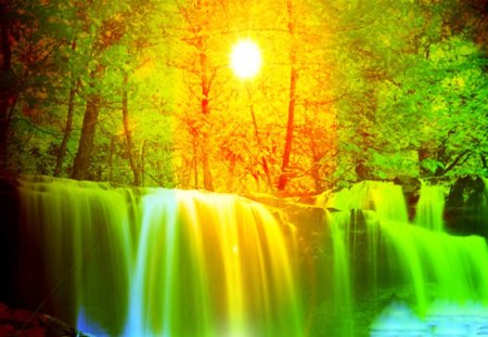 Waterfalls reflected - nature, waterfall, sunshine, reflection, color of nature