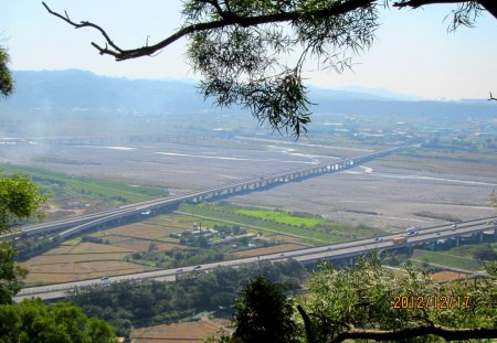 Overlook from the mountain , - fields, bridge, from the mountain, overlook