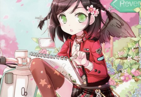 Sketchbook - nice, female, wings, anime girl, book, pretty, petals, anime, short hair, cute, artist, braid, girl, jacket, star, wing, blossom, sweet, flower