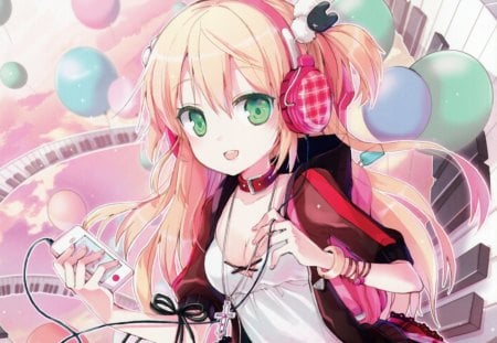 melody - headphone, anime, female, dress, long hair, music, melody, technology, anime girl, ipod, hot, balloon, girl, sweet, digital, jacket, cute, keys, sexy