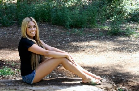 Sitting in the shade amidst sunshine and shadows. - smile, long hair, legs, feet