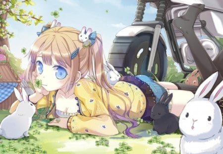 bunny - nice, sky, bike, female, usagi, leaf, anime girl, clover, bunny, wheel, rabbit, pretty, motor, anime, plant, cute, sexy, skirt, girl, long hair, leave, motorcycle, vehicle, transport, animal, sweet, dress, blonde, flower