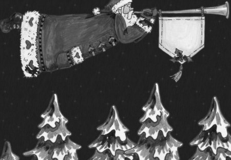 * - joy, santa claus, holiday, wp, bw, christmas, trumpet