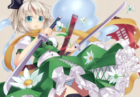 Swords and Flowers - flowers, swords, girl, cute