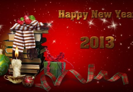 Happy New Year 2013 - balls, ribbons, decorations, candles, holiday, happy new year 2013, books, gifts