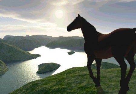 horse vision - lake, blue sky, sunset, cliffs