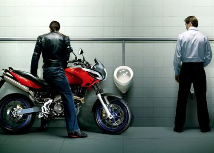 She Goes Where I Go - bathroom, bike, leather, men, urinal, motorcycle