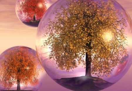 Tree Speres - balls, sky, trees, globes, 3d, floating, suspended, spheres