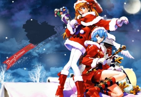 Evangelion Christmas - evangelion, rei, asuka, anime, winter, santa outfit, x-mas, christmas