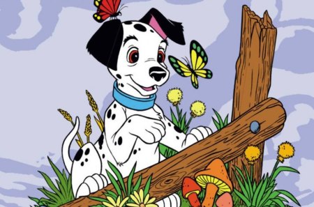 101 Dalmations - mushrooms, dalmation butterflies, fence, flowers, movie